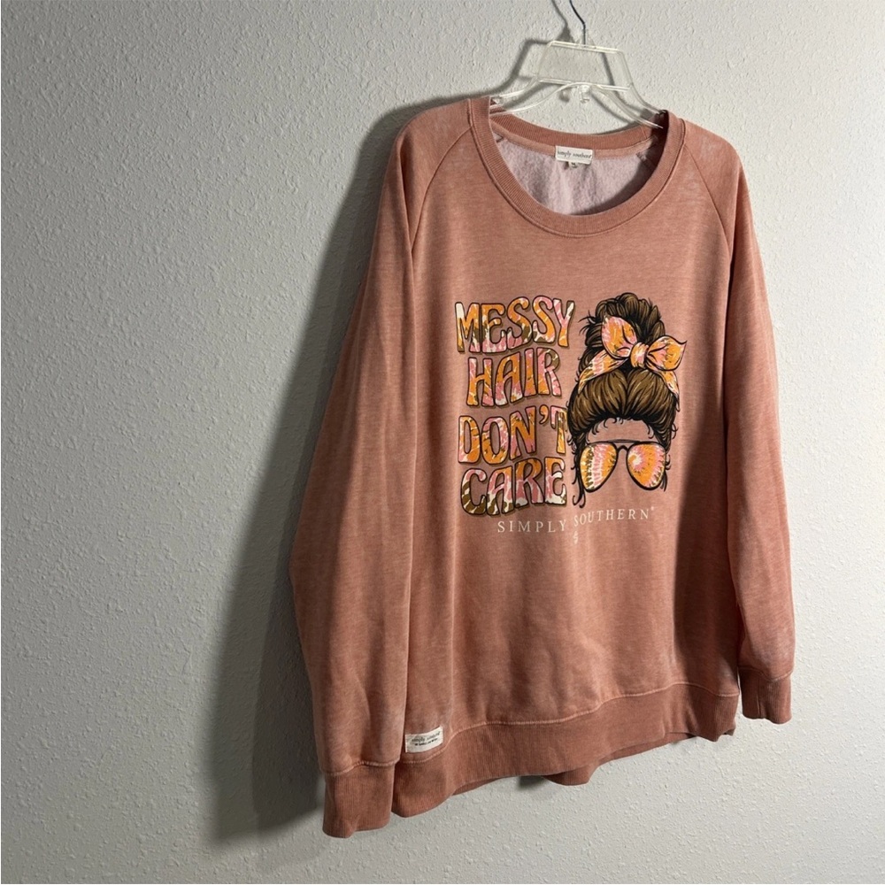Simply Southern Messy Hair Don’t Care Fleece Sweatshirt Sz M Relaxed Fit Peach - Picture 4 of 12
